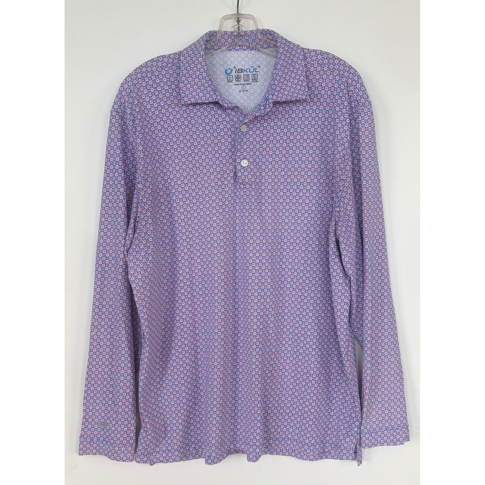 IBKUL Mens Large‎ UPF 50+ Long Sleeve Polo Shirt Blue Pink Geometric Floral Top